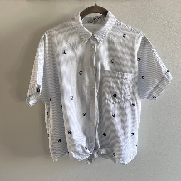 Madewell Embroidered Peace Sign Short Sleeve Tie-Front Shirt Size S - Picture 2 of 9